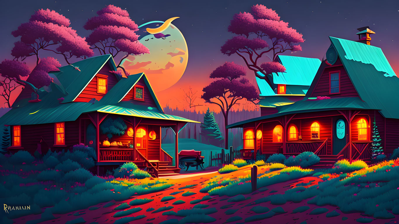 Colorful digital artwork: Nocturnal countryside with crescent moon, stylized houses, pink trees