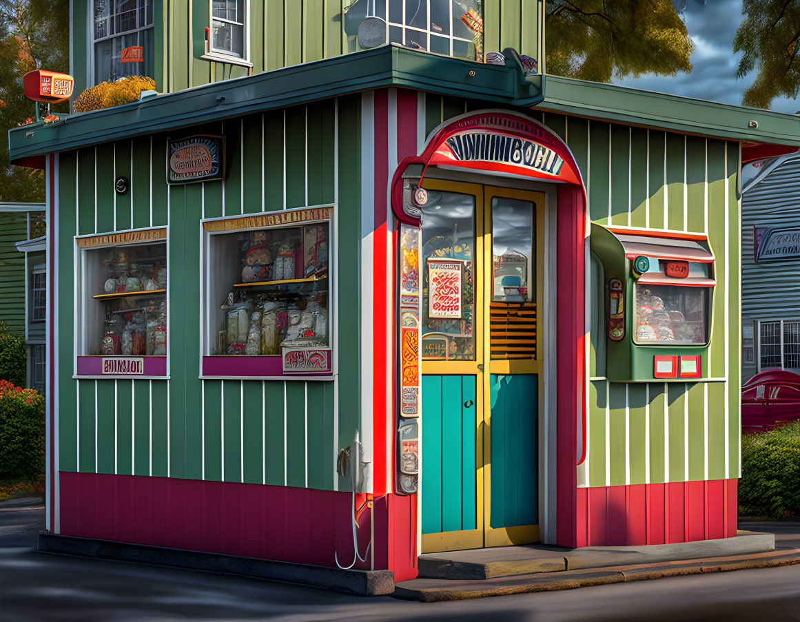 Colorful Corner Shop with Vintage Posters and Striped Walls