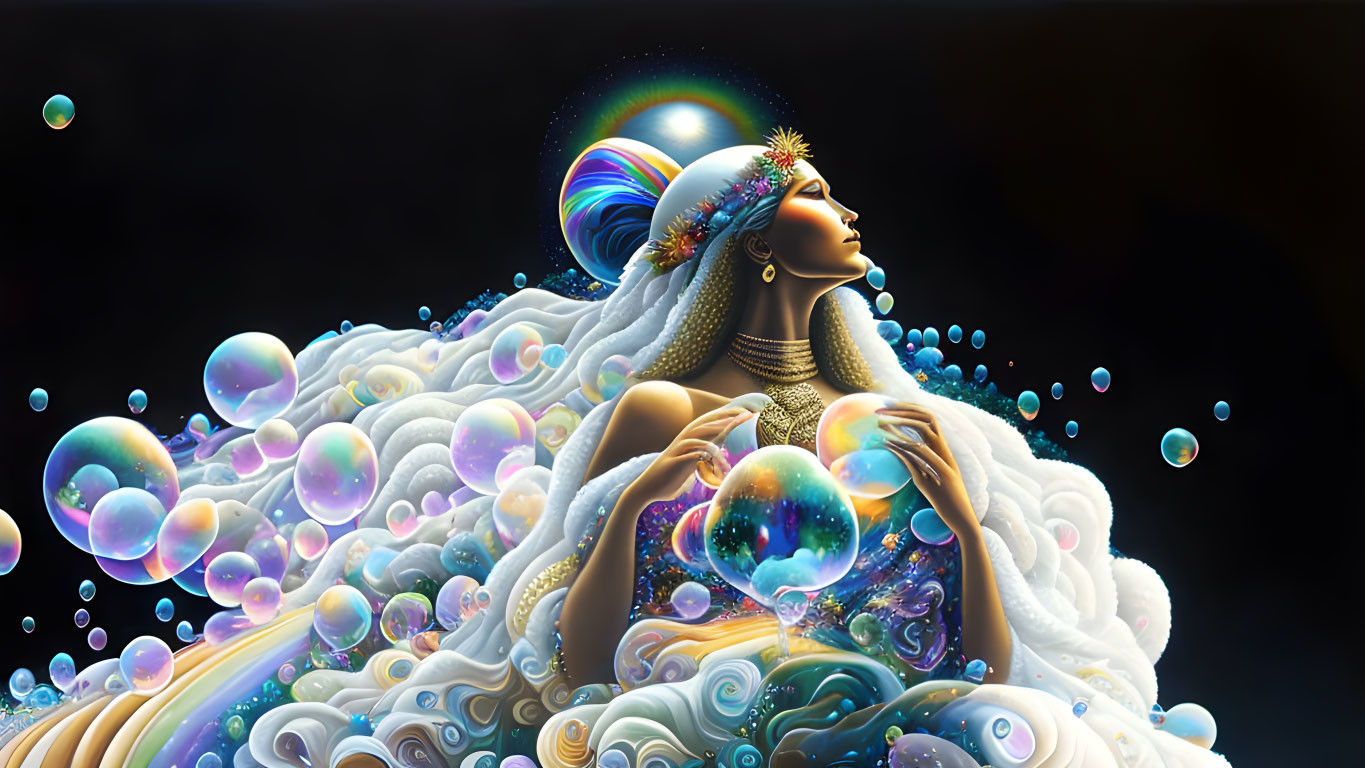 Ethereal woman in cosmic bubble-filled scene