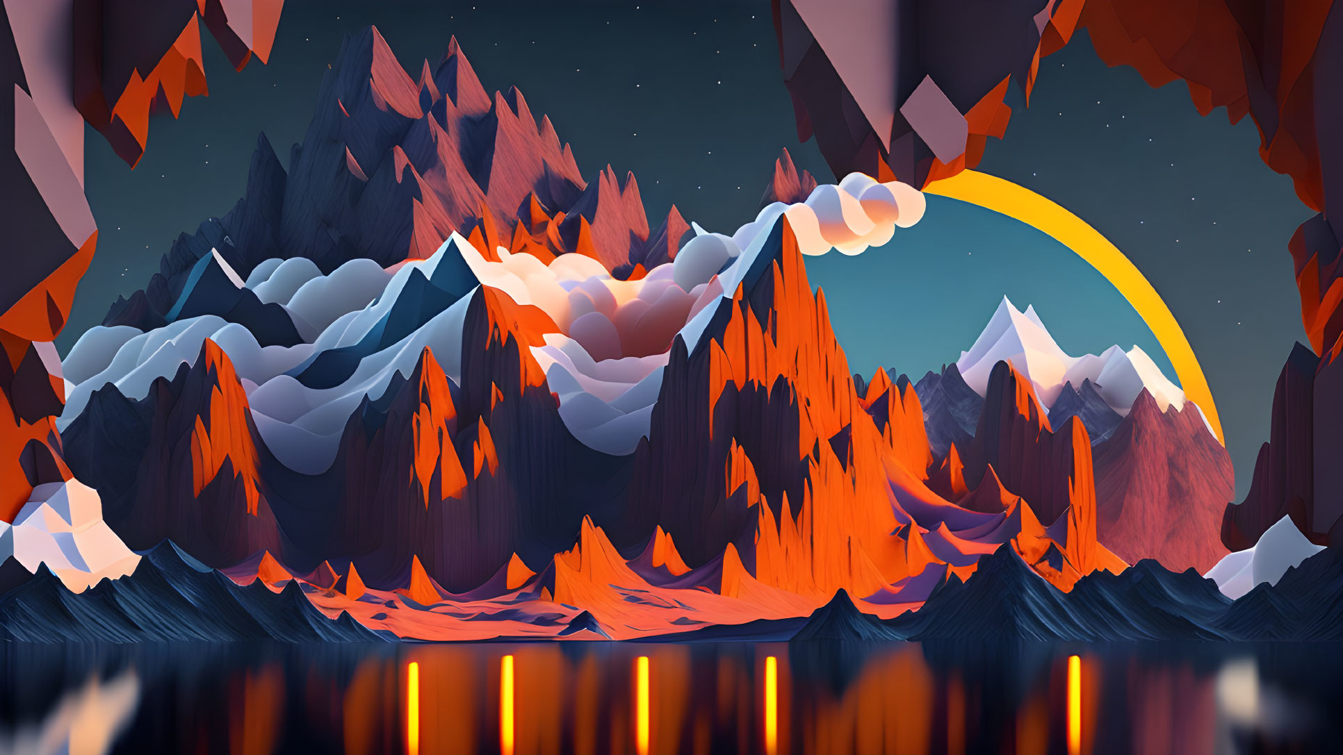 Mountainous Landscape Digital Art with Sunset Reflections and Geometric Shapes