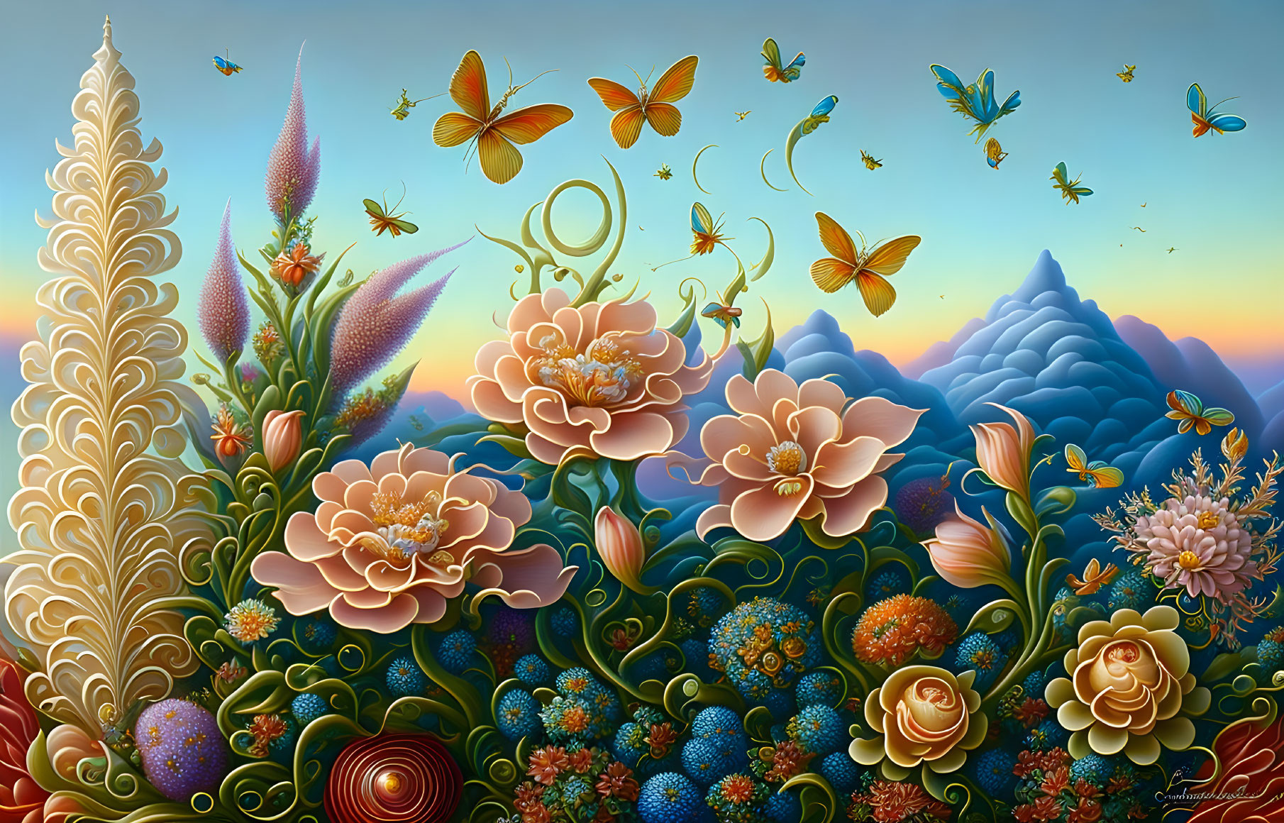 Colorful digital artwork: Flowers, butterflies, bees, mountains, and sky.