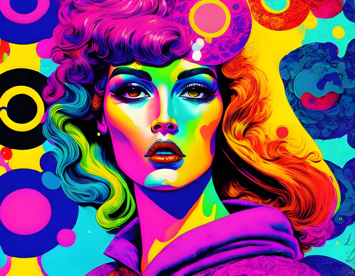 Colorful Psychedelic Artwork of Woman with Abstract Shapes