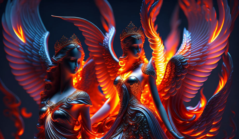 Stylized fiery phoenix females with elaborate wings and ornate headdresses in vibrant colors