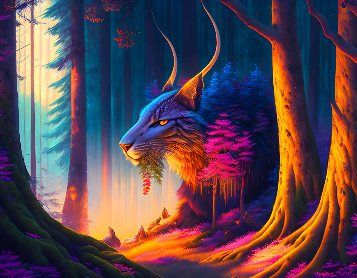 Majestic blue wolf with antlers in mystical forest