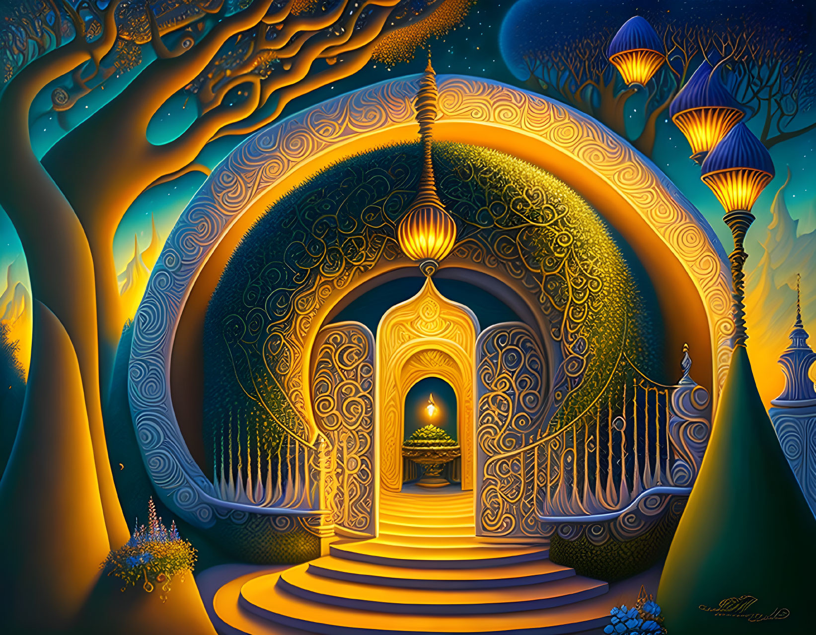 Whimsical painting of mystical gateway with ornate trees & lanterns