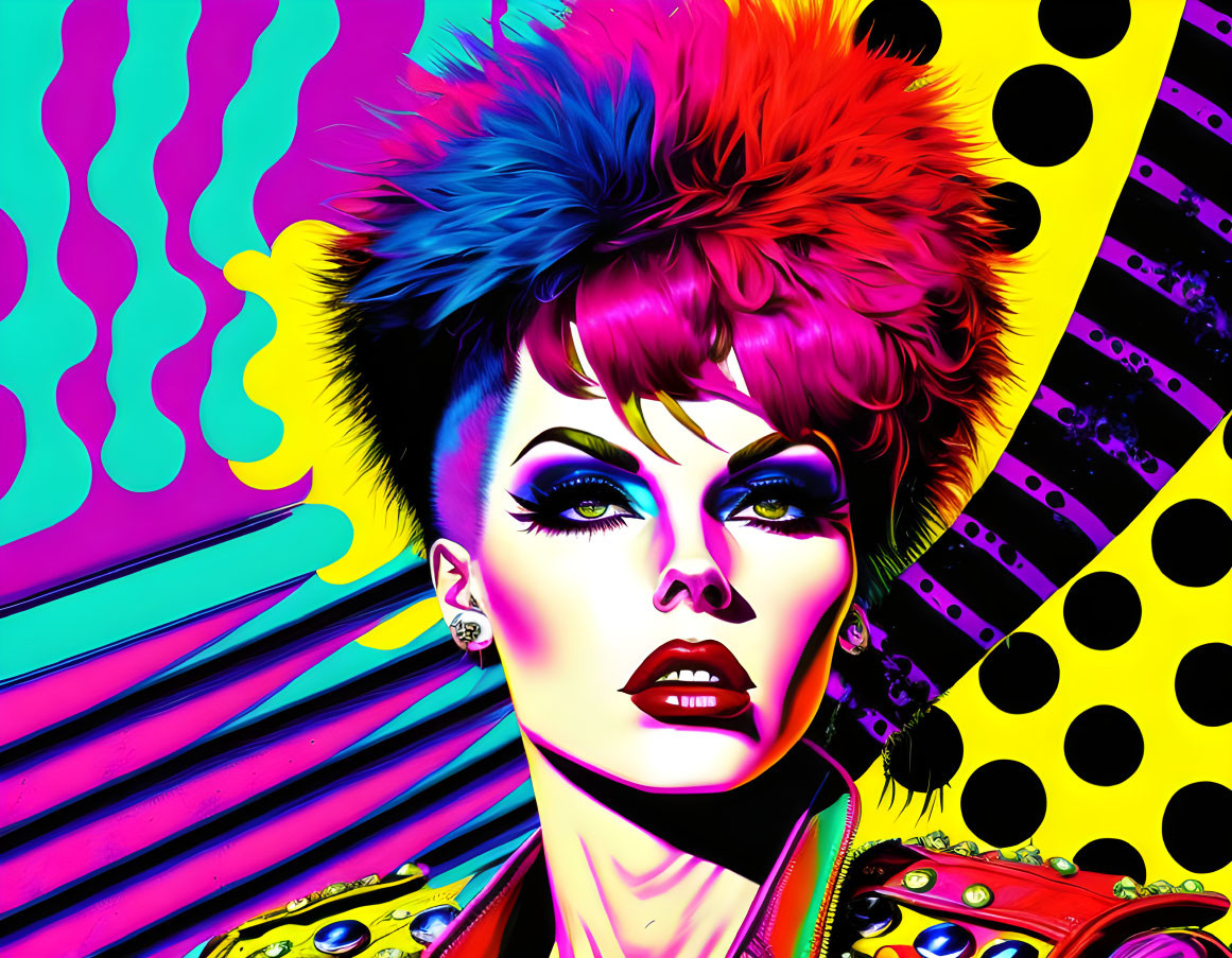 Colorful Pop Art Portrait of Woman with Mohawk on Psychedelic Background