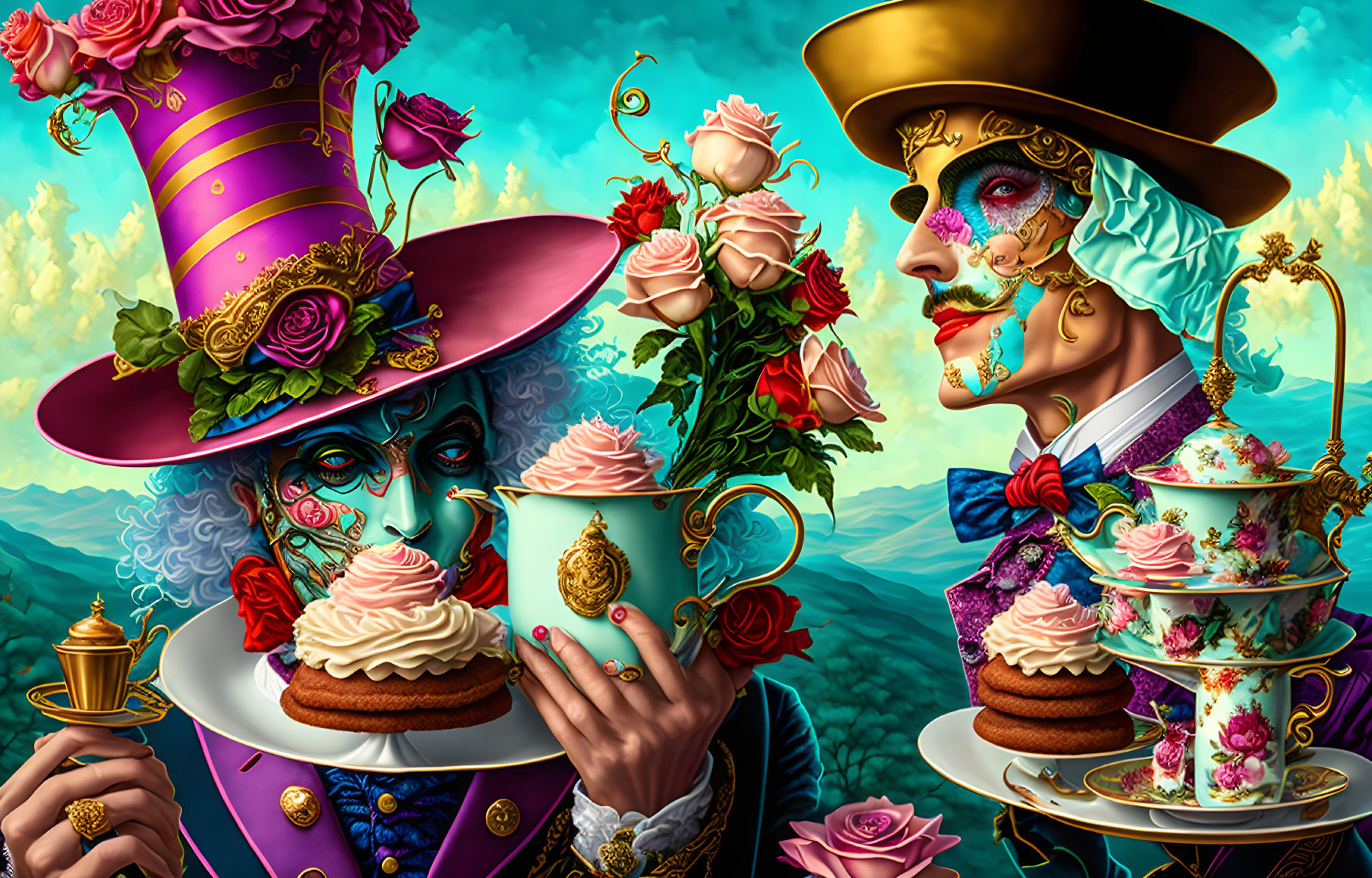 Colorful illustration of whimsical characters in elaborate outfits with teacups, cupcakes, and roses.