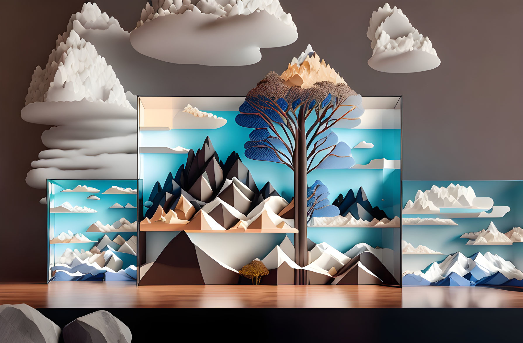 Room Installation with Stylized 3D Mountains, Trees, and Clouds