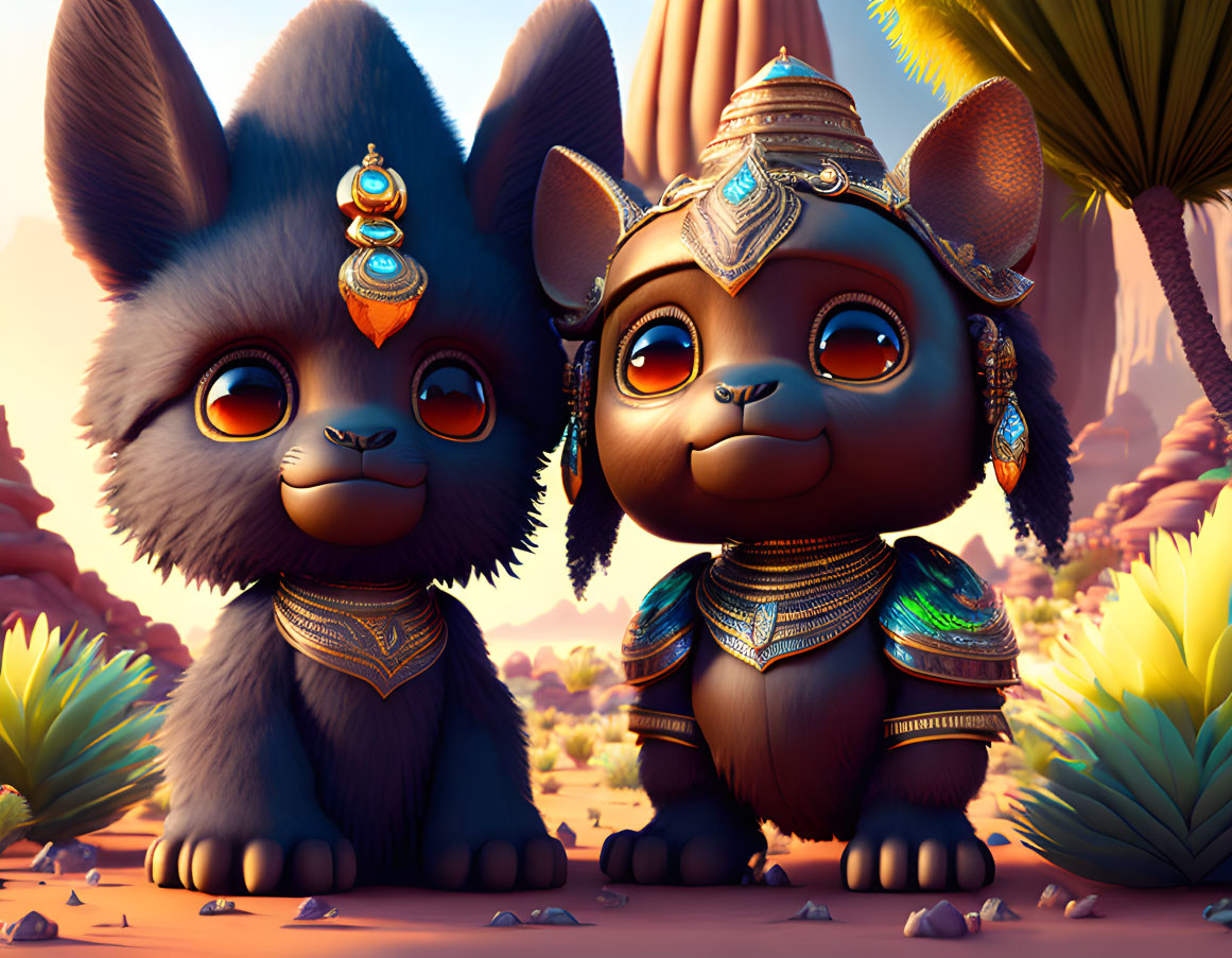 Anthropomorphic creatures with large eyes in desert sunset scene