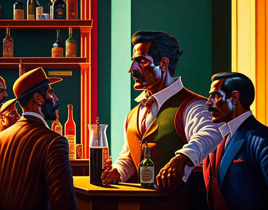 Three stylized men in vintage attire at a bar with vibrant colors and dramatic lighting