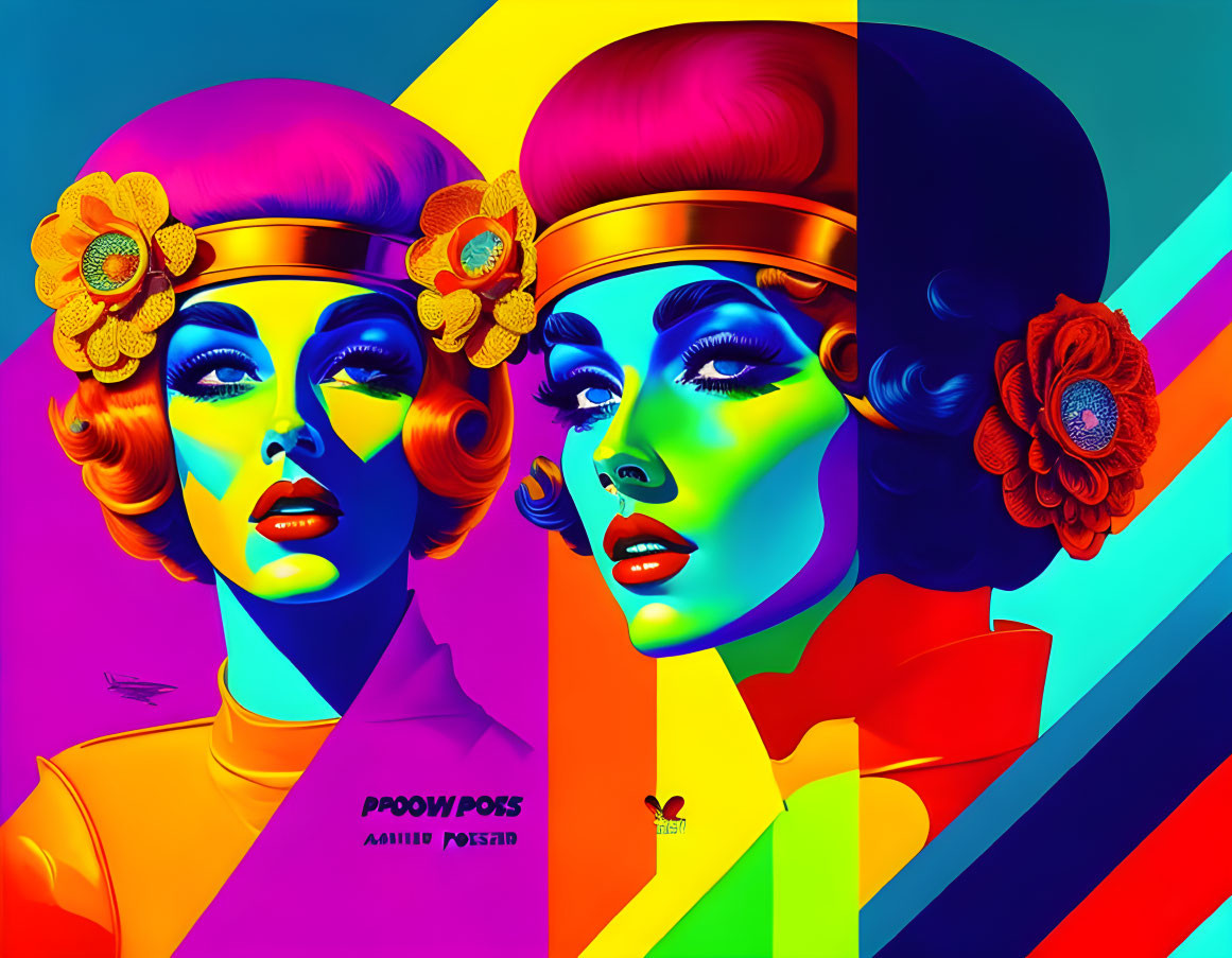 Colorful Stylized Portraits of Woman with Bold Makeup and Floral Headdress