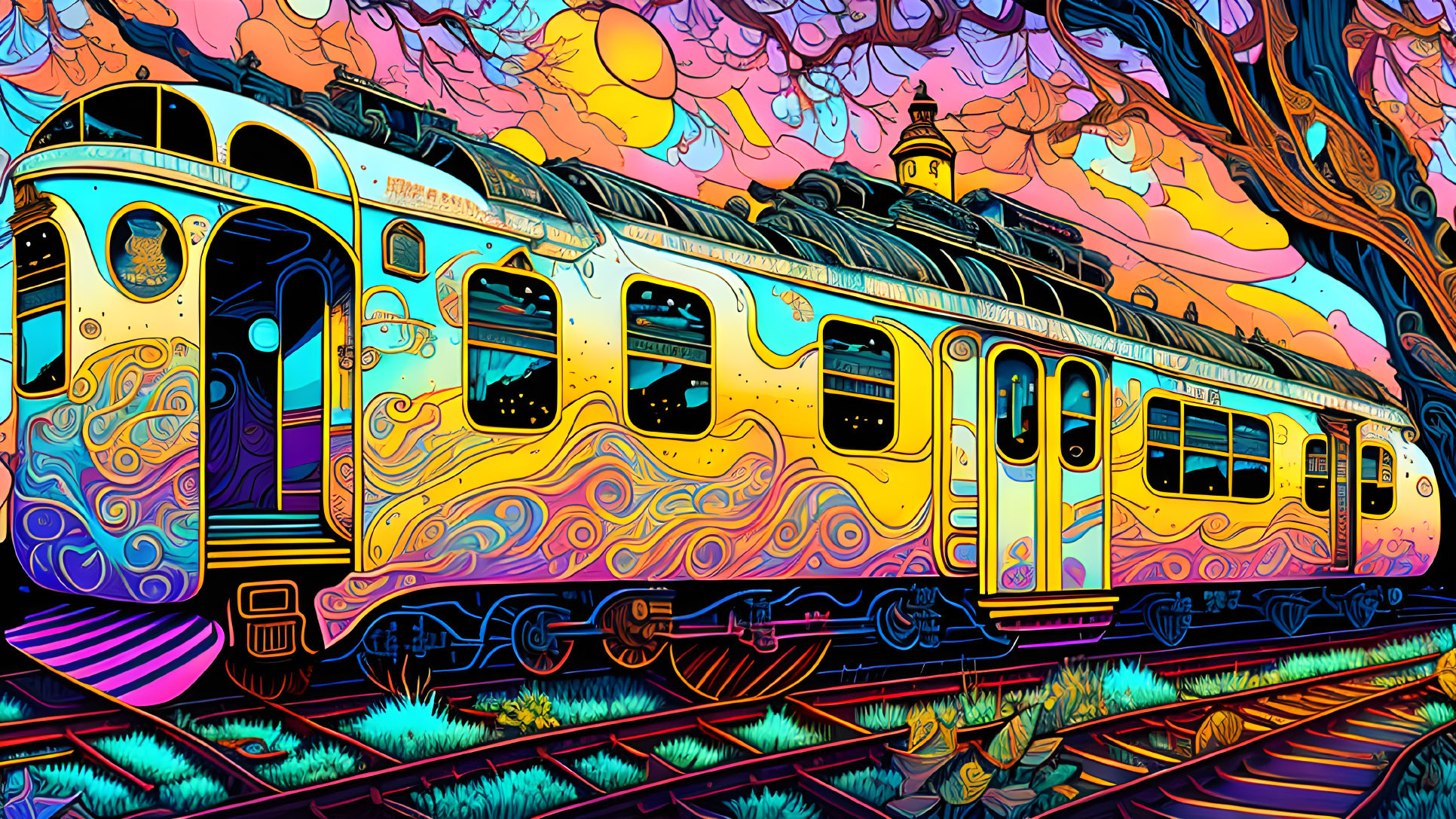 Colorful Psychedelic Train Illustration Against Whimsical Sky