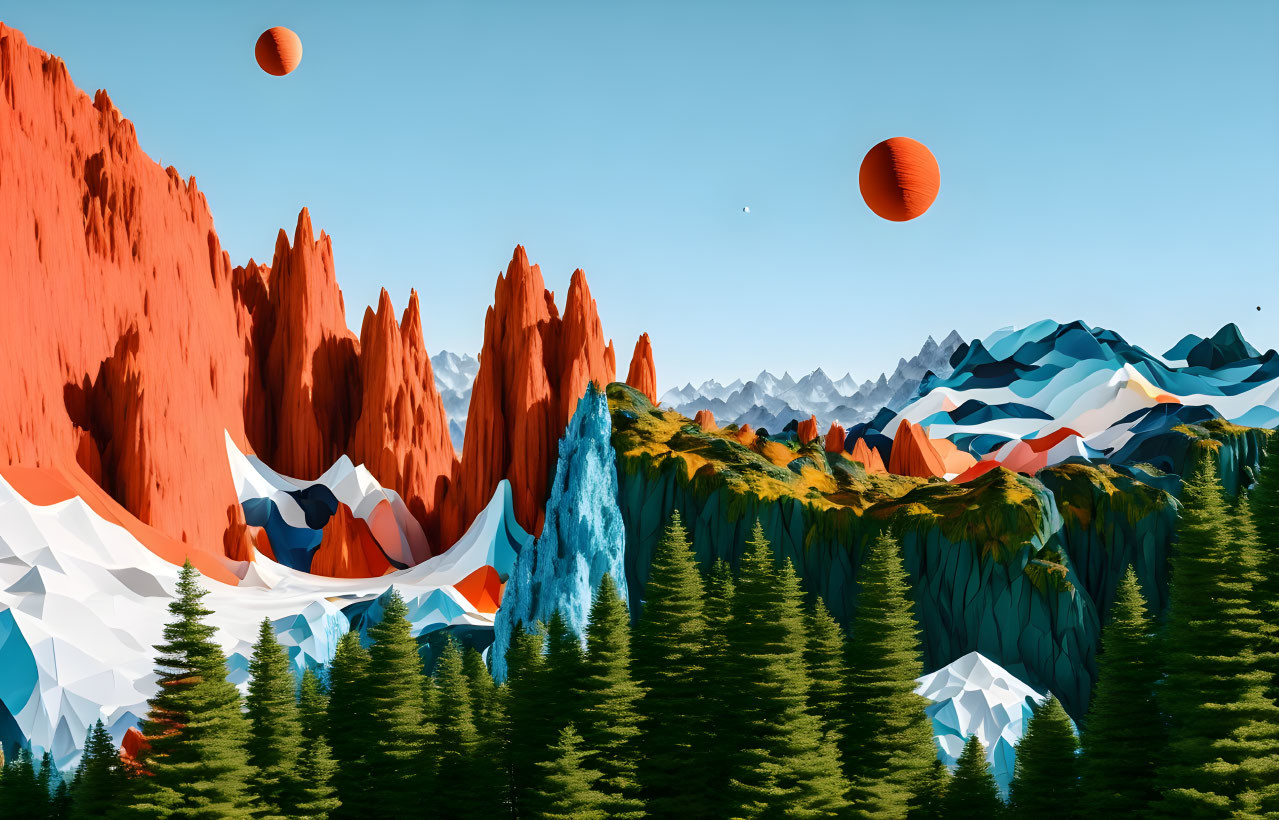 Vibrant landscape with red cliffs, blue mountains, green forests, and floating orange spheres