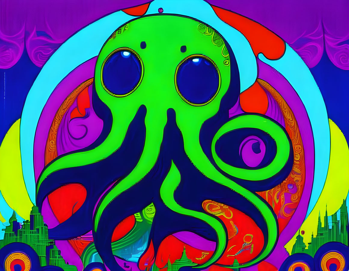 Colorful Psychedelic Octopus Illustration with Expressive Eyes