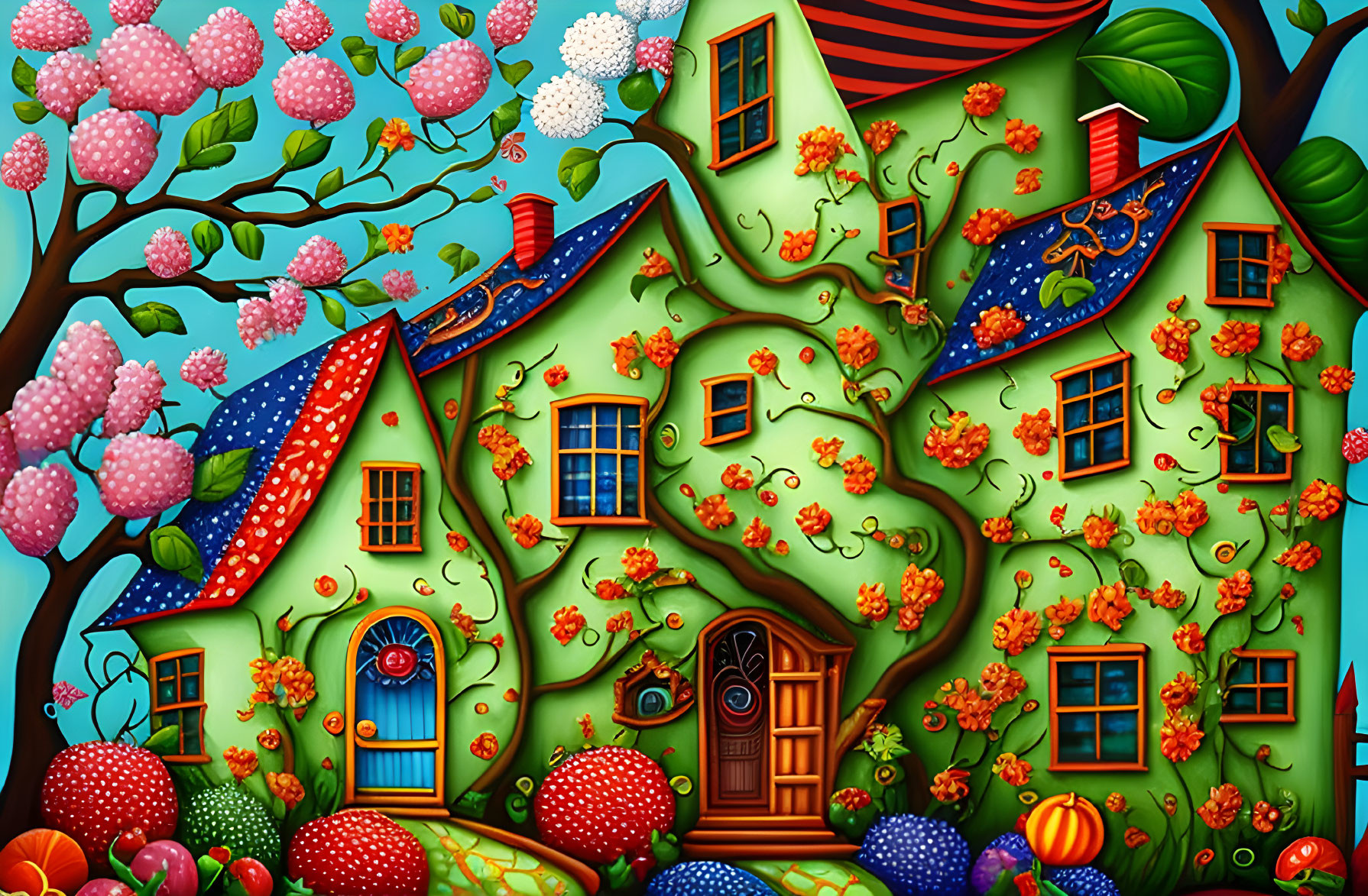 Colorful Illustration of Whimsical Green House and Fantasy Garden