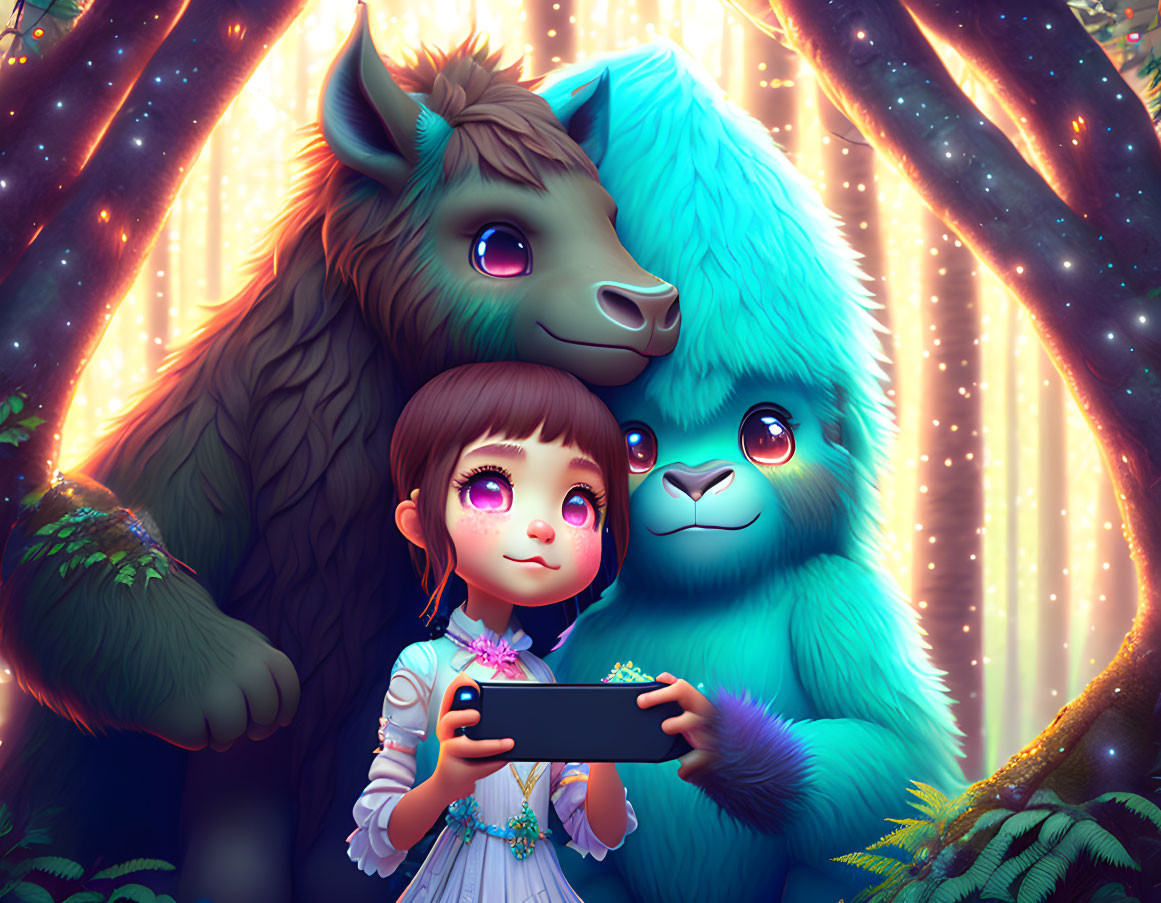 Girl taking selfie with colorful mythical creatures in enchanted forest