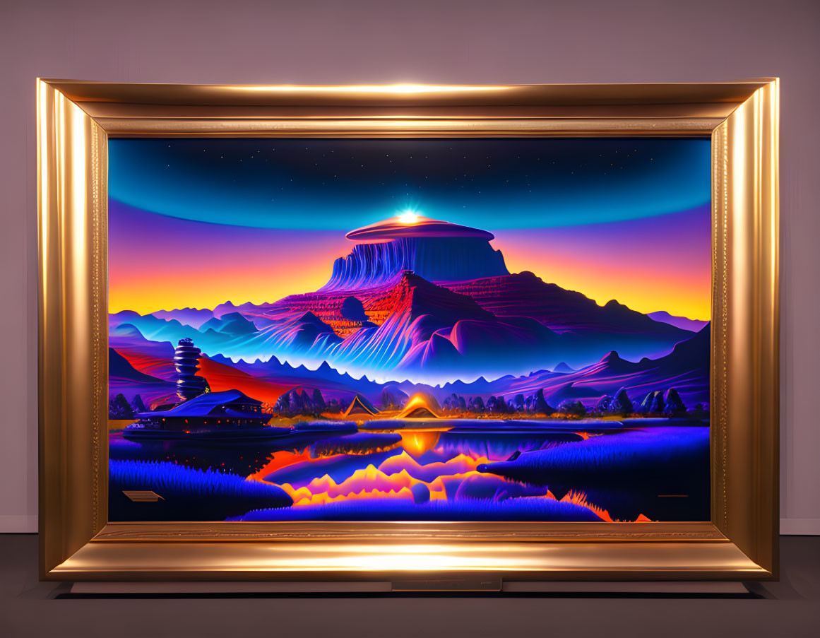 Surreal landscape with mountains, river, and UFO in golden frame