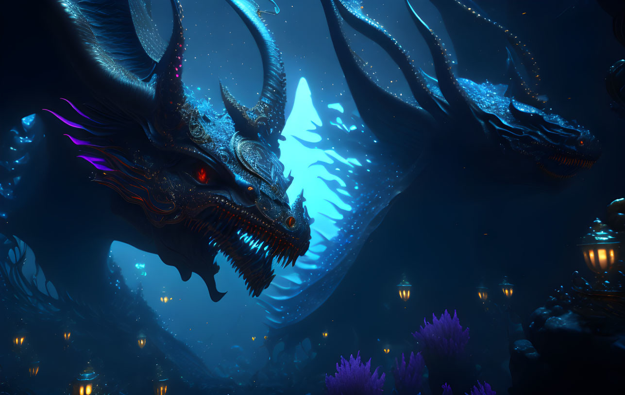 Bioluminescent dragon in deep-sea environment with red eyes