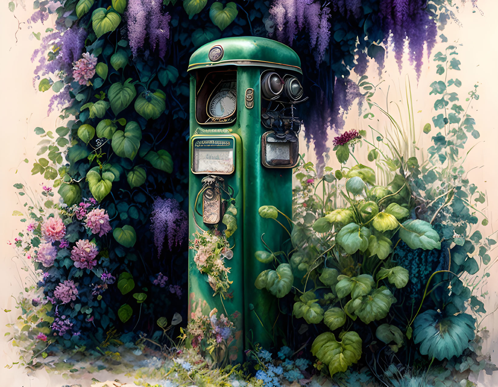 Vintage Green Gas Pump Among Lush Foliage and Purple Flowers