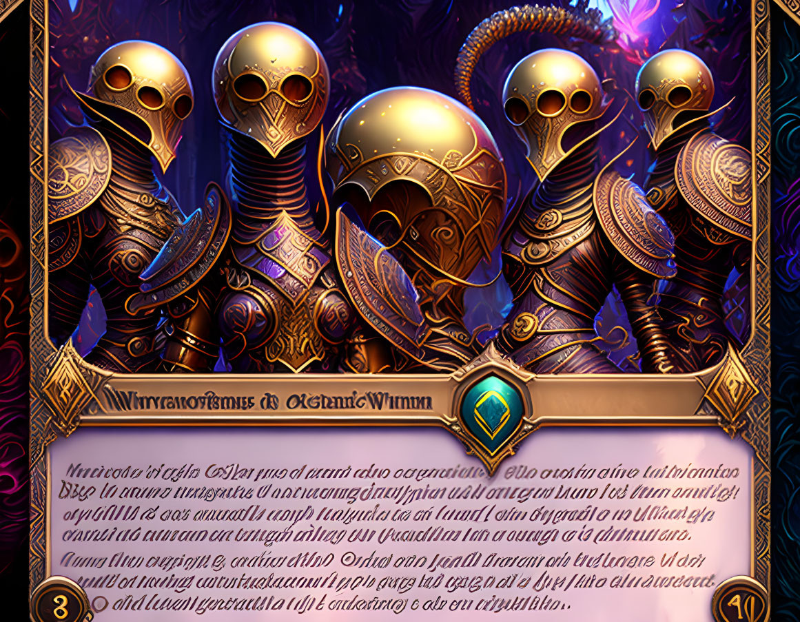 Golden ornate robotic heads with purple glowing eyes against baroque-style backdrop.