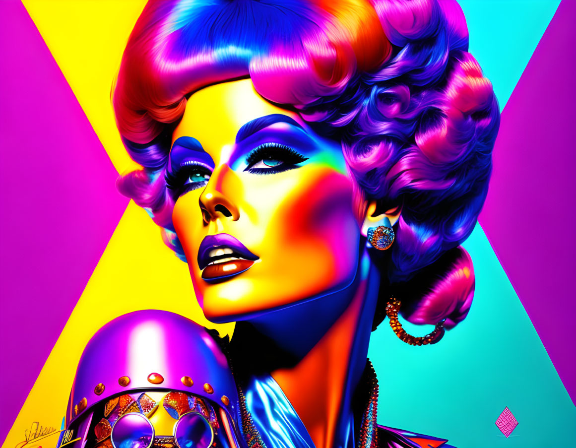 Colorful digital artwork of a woman with neon hair and makeup