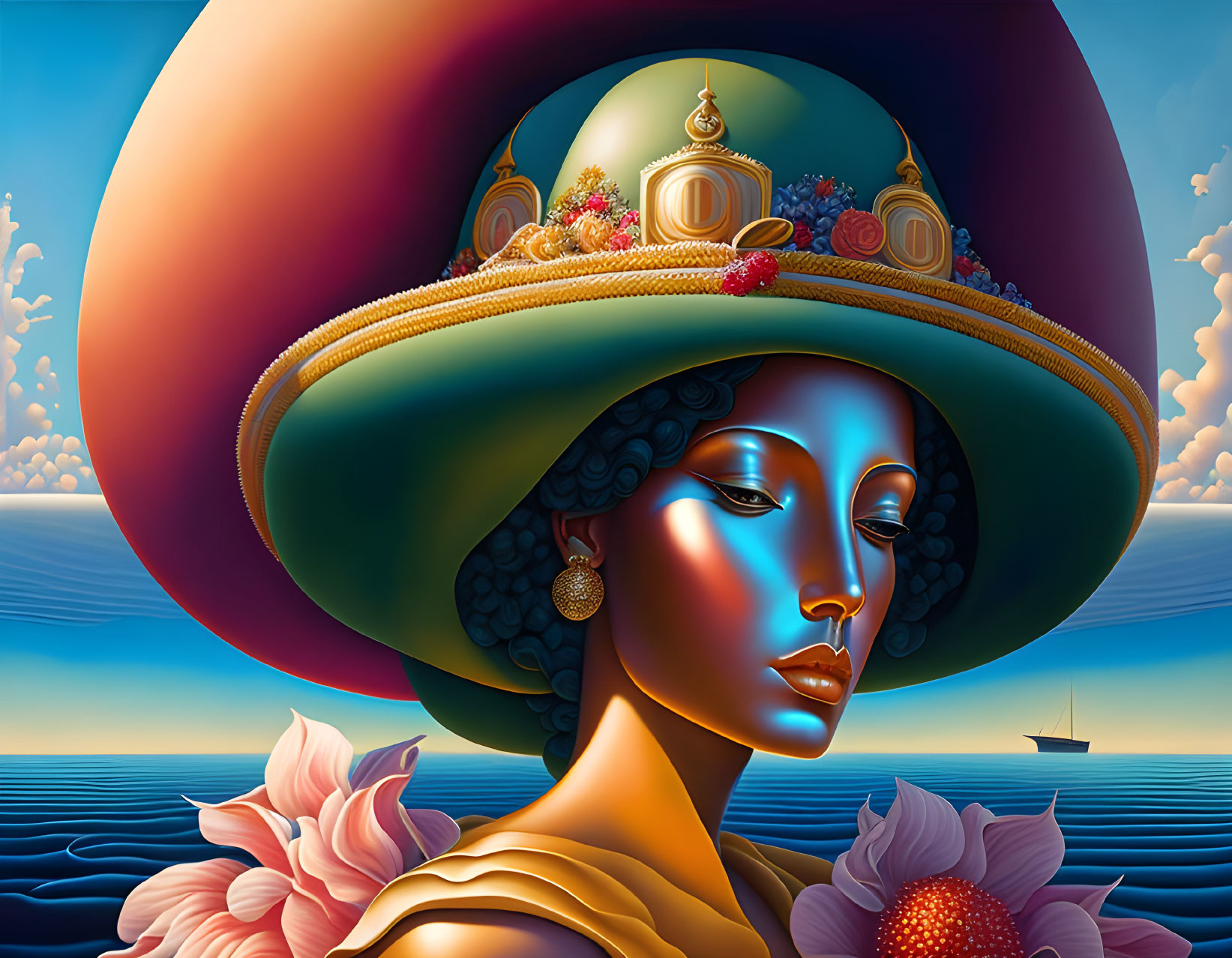 Surreal illustration of woman with landscape hat by sea and setting sun