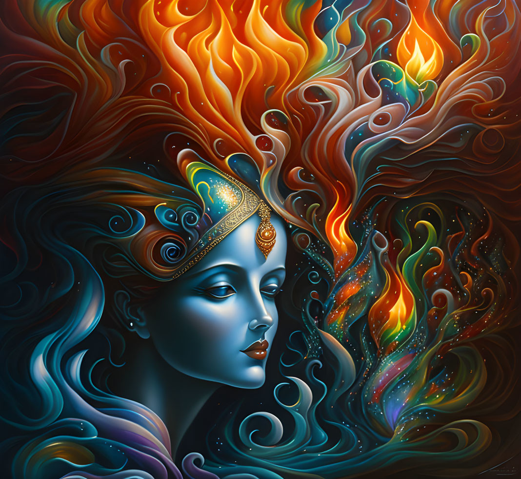 Surreal portrait of woman with blue skin and golden headpiece in fiery and cool hues