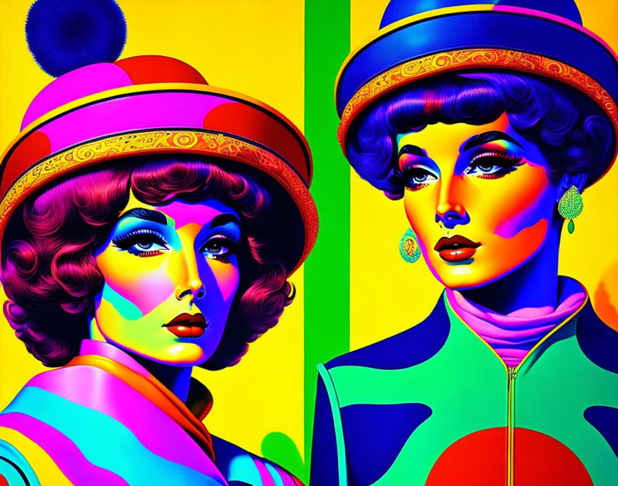 Colorful Pop Art Illustration: Two Women in Retro Fashion