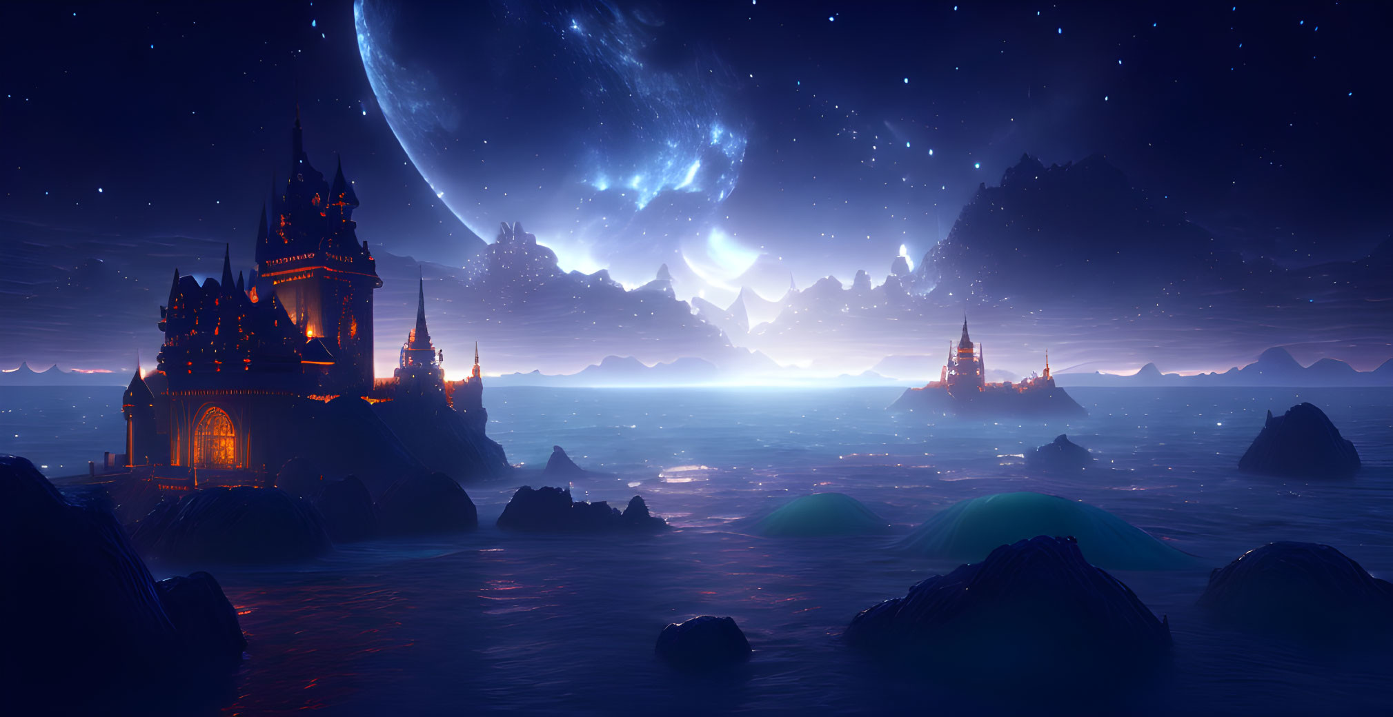 Mystical nighttime seascape with illuminated castles and starry sky