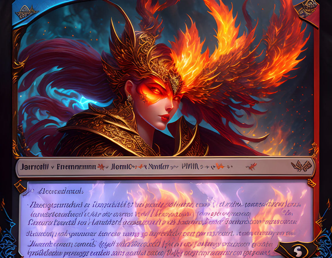 Fantasy artwork featuring character with fiery wings, golden mask, and mystical symbols