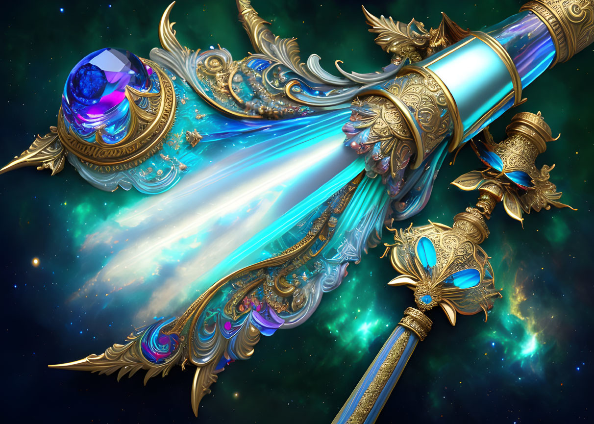 Celestial-themed ornate sword with blue blade, gold filigree, gems, and space motifs