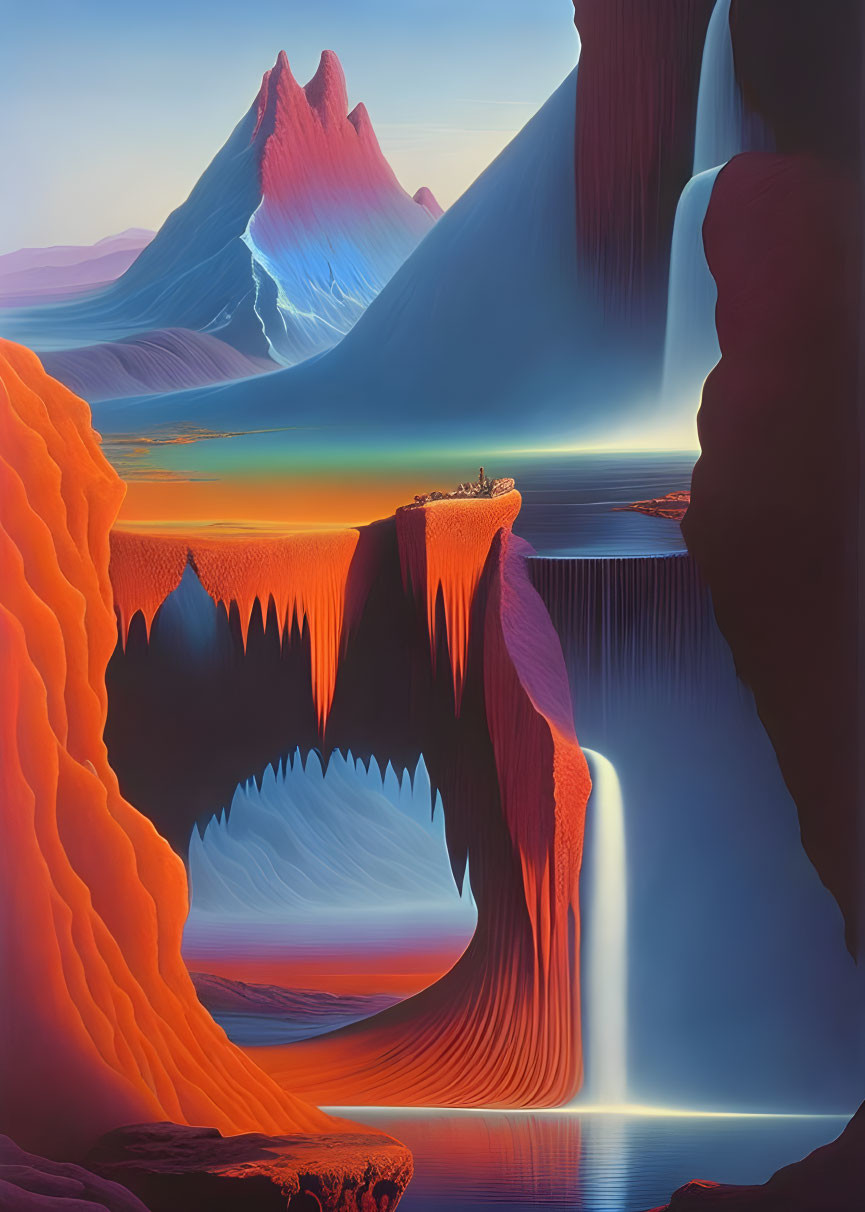 Colorful surreal landscape with waterfalls, peaks, and figure on cliff