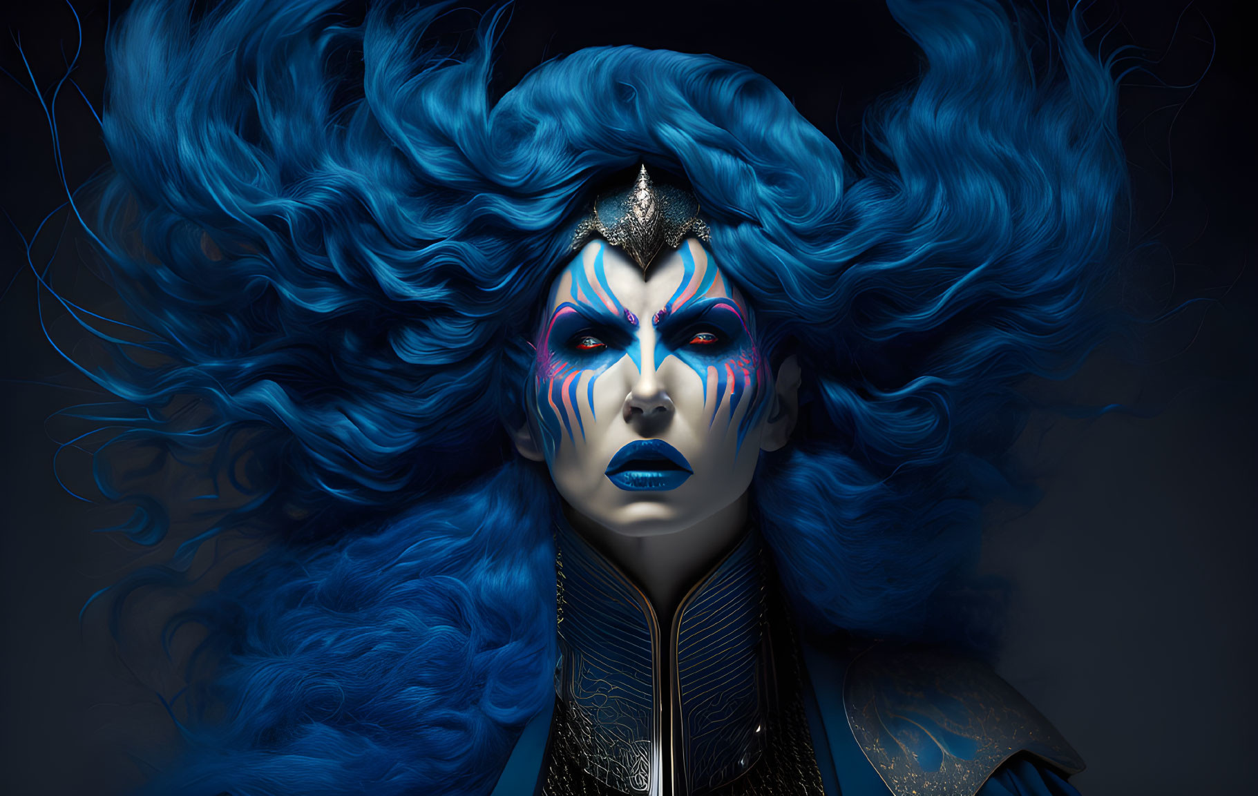 Woman with Dramatic Blue Makeup and Flowing Blue Hair Adorned with Silver Crown