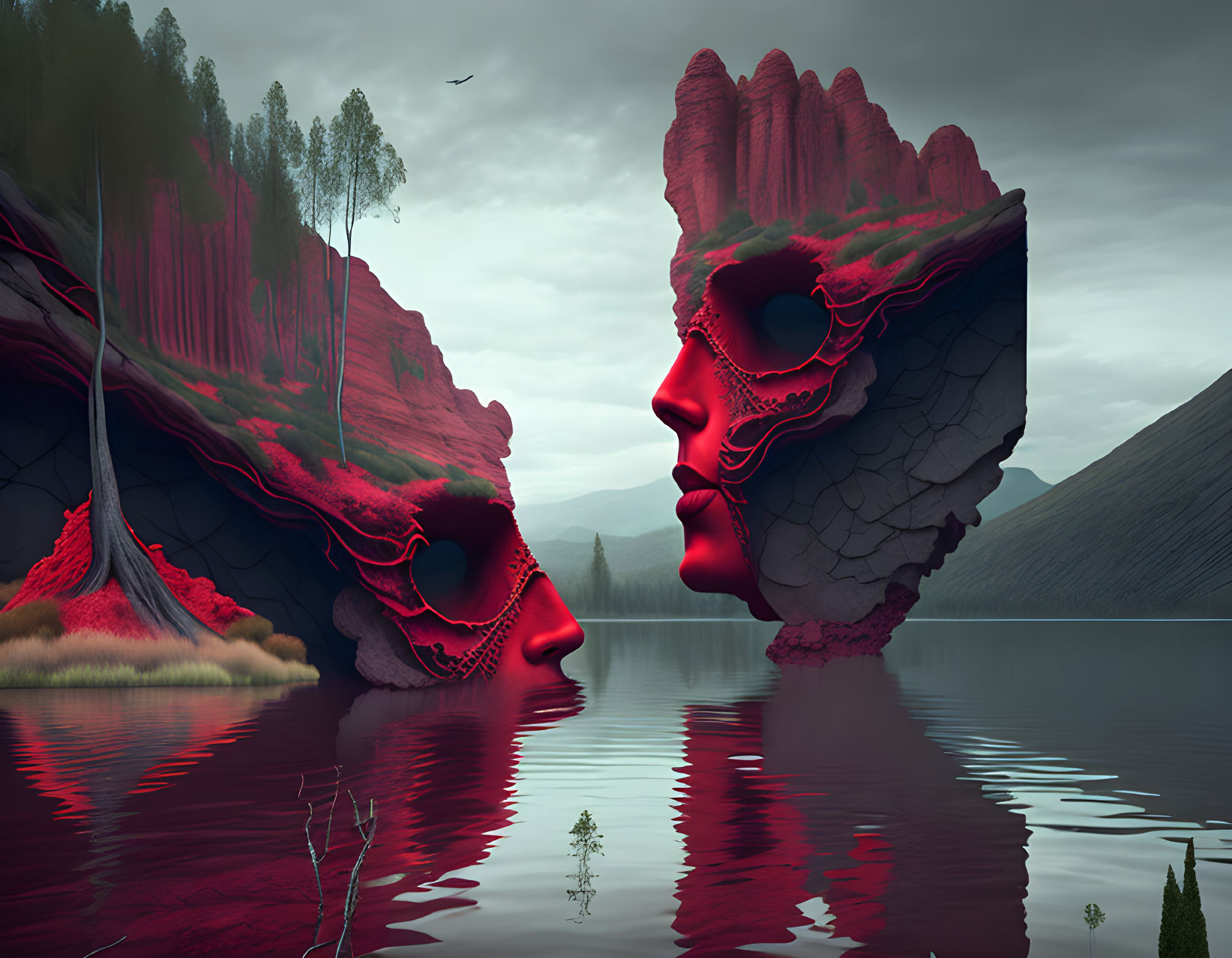 Surreal red and blue rock formations reflected in calm lake amidst misty mountains