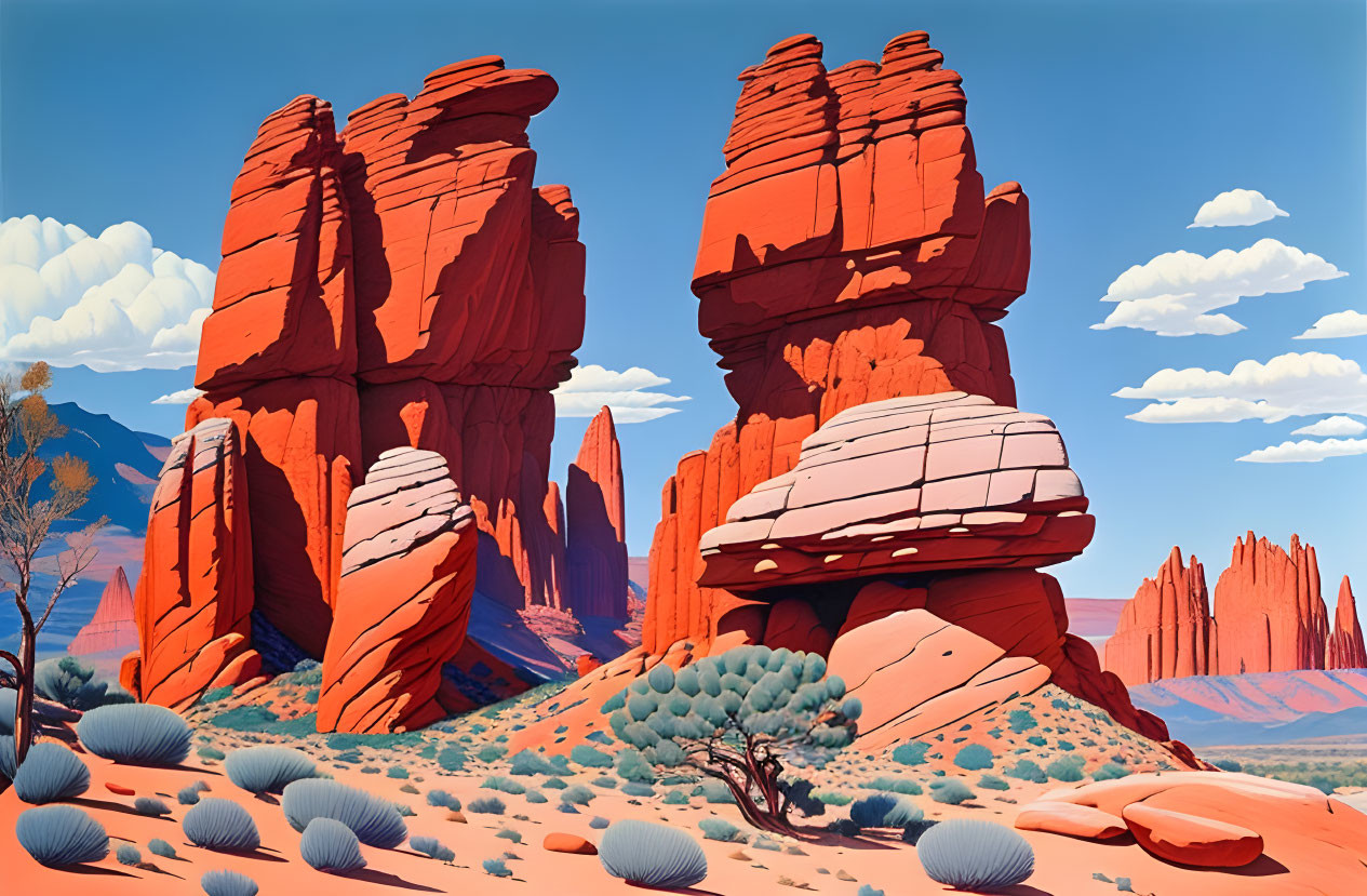 Desert landscape with red rock formations and blue sky