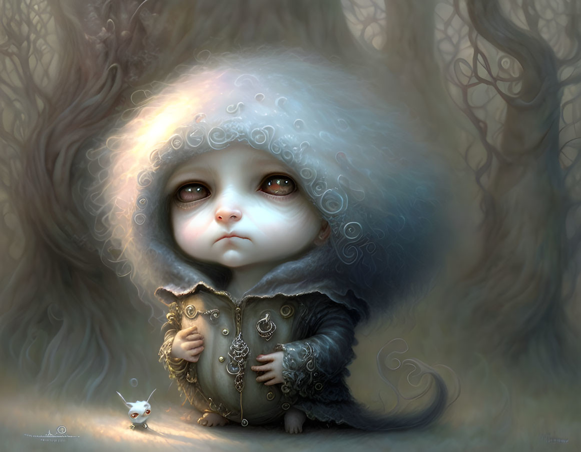 Child in hooded cloak with large eyes holding storybook beside tiny white creature in misty forest