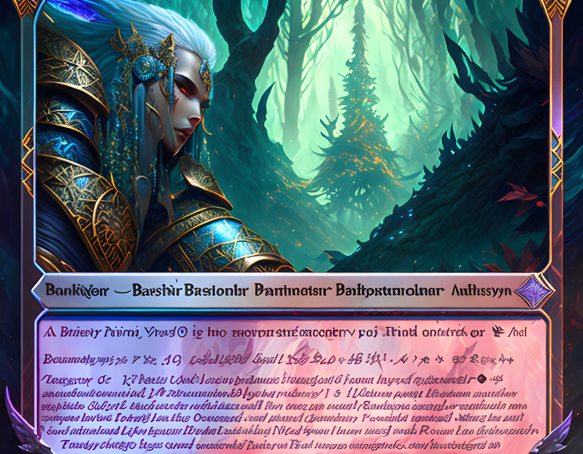 Fantasy digital artwork of blue-skinned female in golden armor in mystical forest