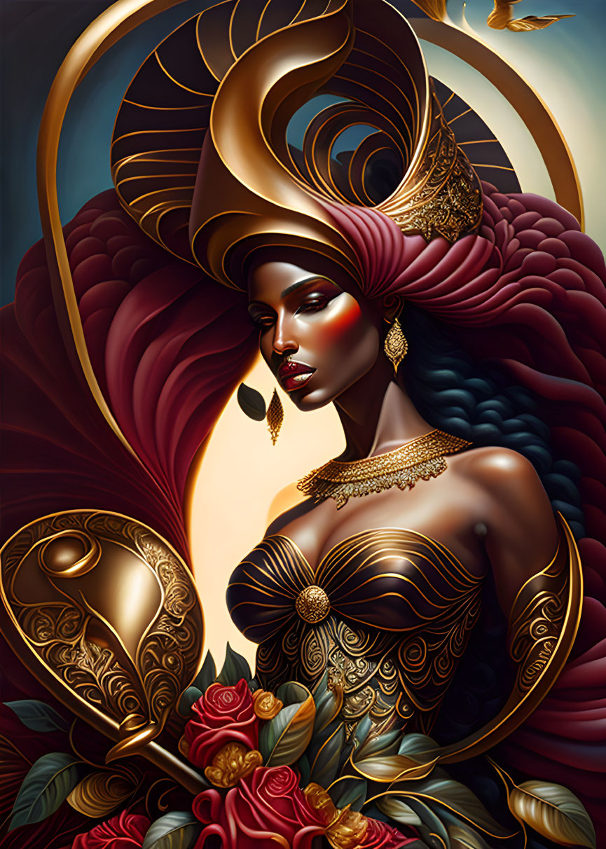 Stylized portrait of woman with ornate gold headdress and jewelry