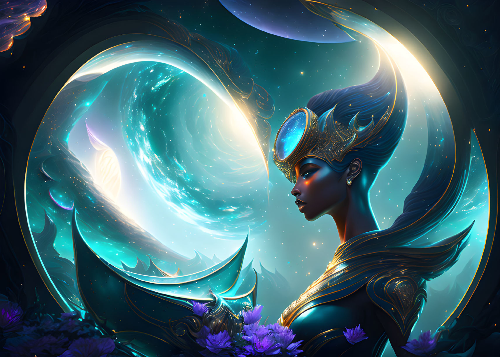 Mystical female figure with ornate headdress and galaxy backdrop surrounded by blue and purple hues.