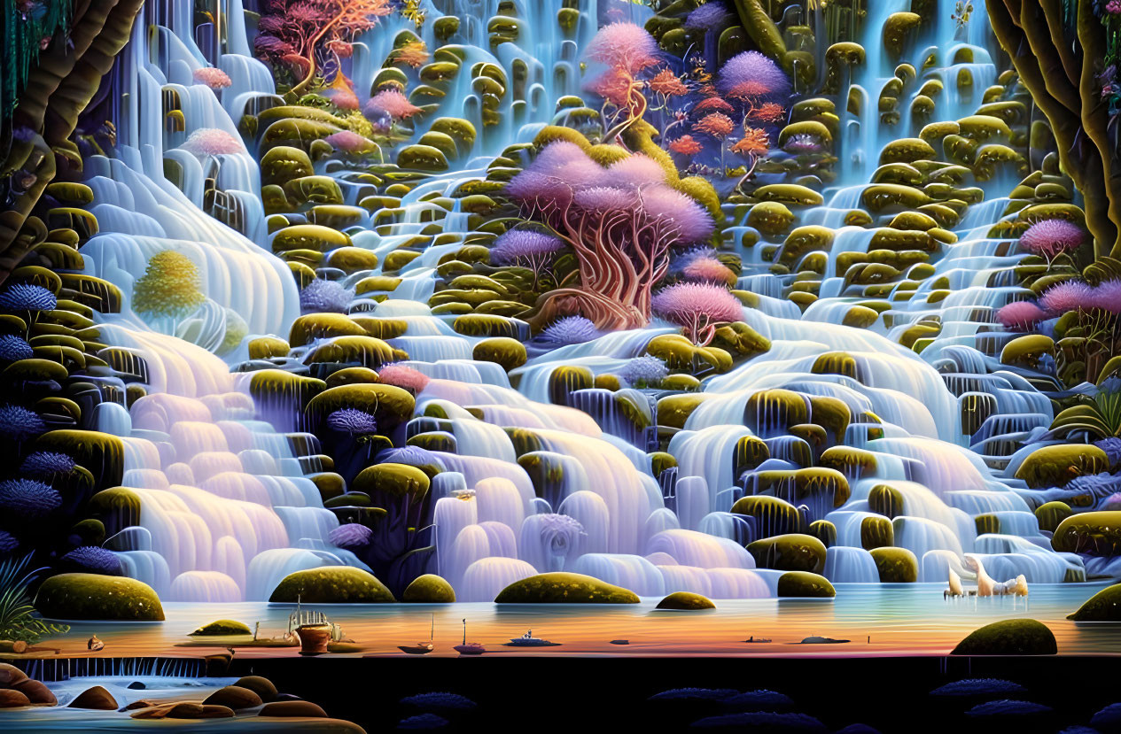 Colorful Cascading Water Terraces in Fantastical Landscape