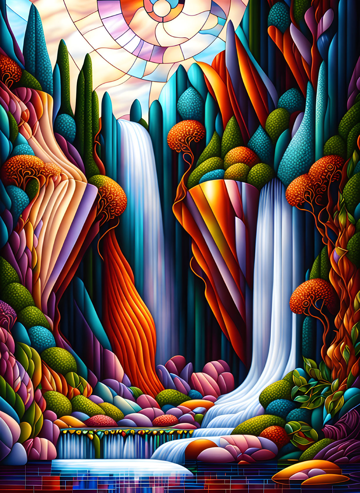 Fantastical landscape with waterfalls, colorful flora, and radiant sun