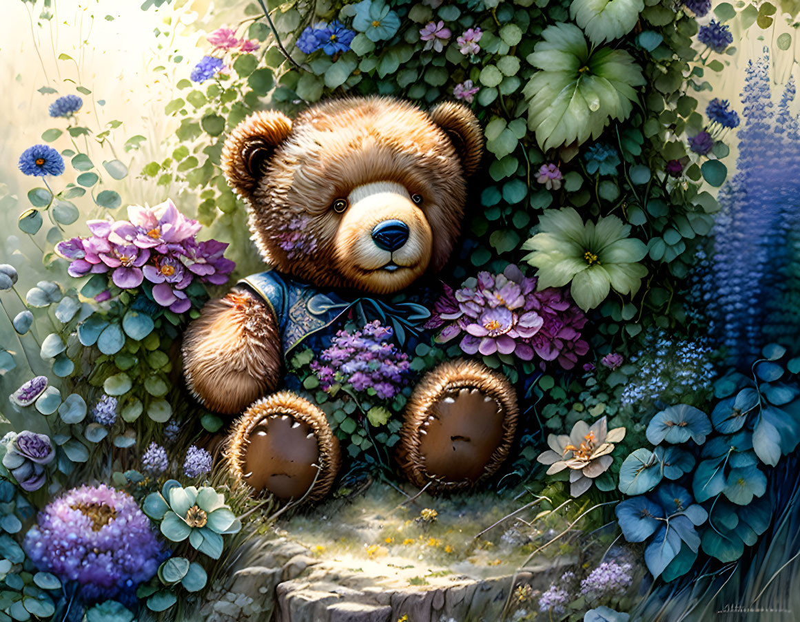 Plush teddy bear in lush forest with colorful flowers