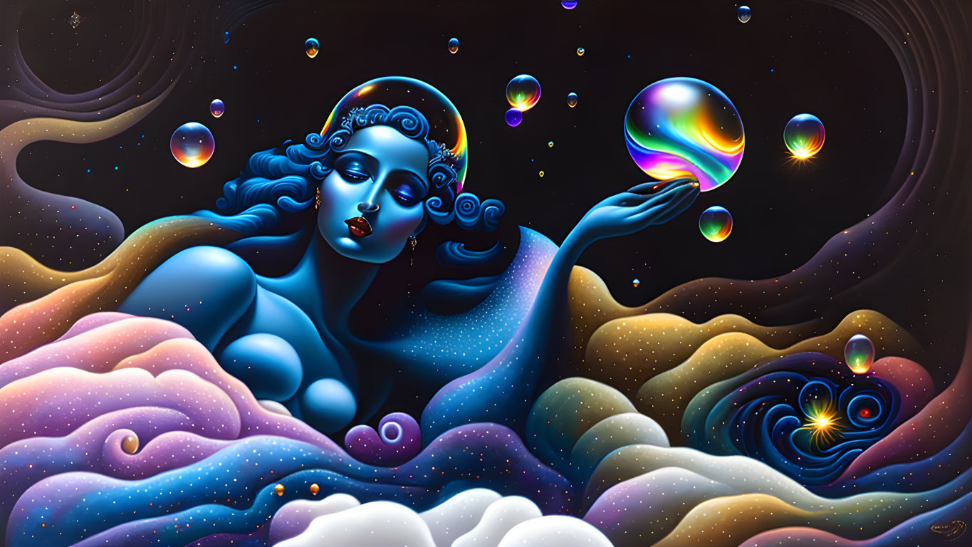 Surreal cosmic illustration with blue-skinned woman and galaxies in hair