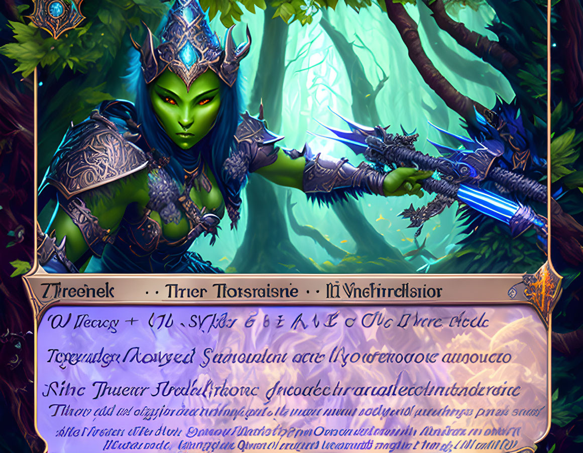 Green-skinned elf-like character in armor with staff in enchanted forest