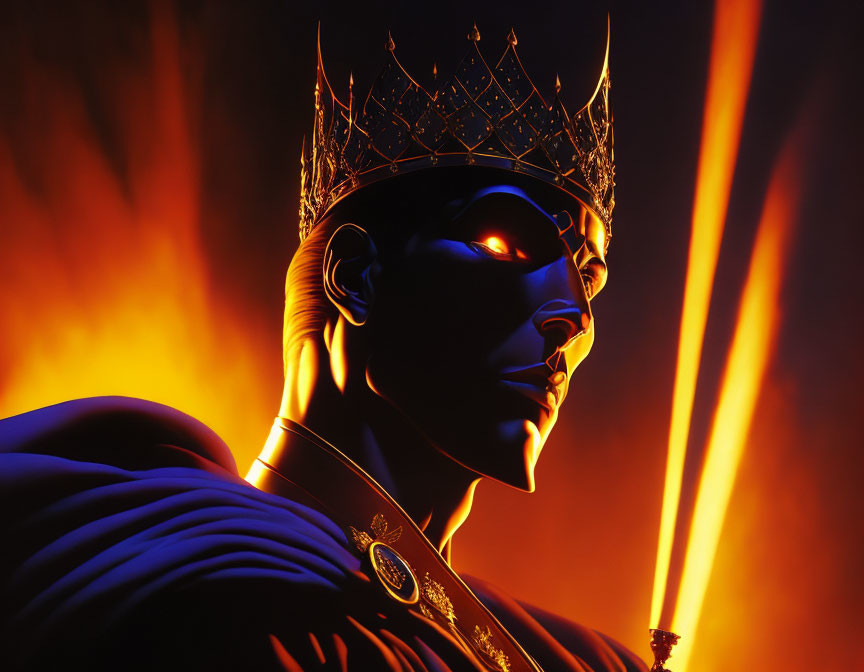 Stylized figure with crown in dramatic silhouette lighting