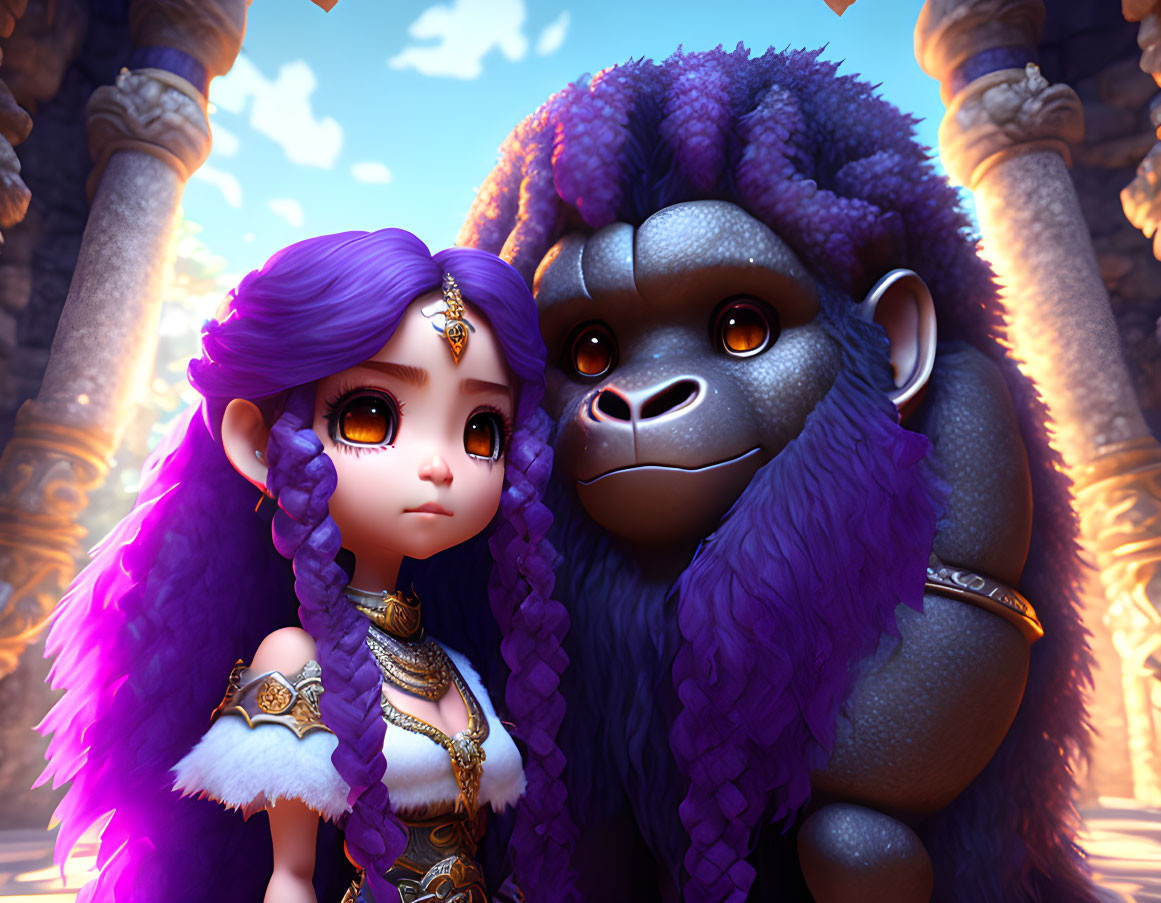 Animated girl with purple hair and friendly gorilla in temple setting