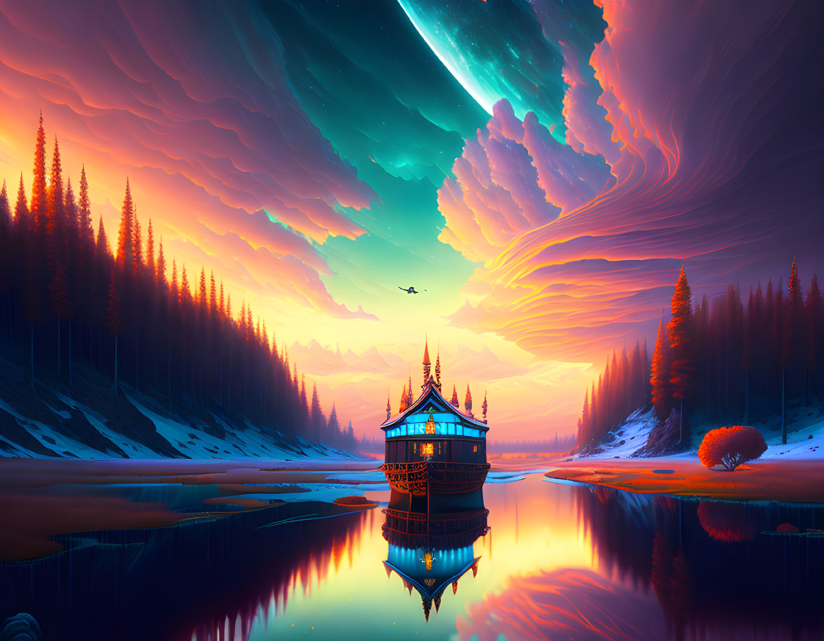 Digital artwork: Serene landscape with pagoda, lake, pine trees, starlit sky.