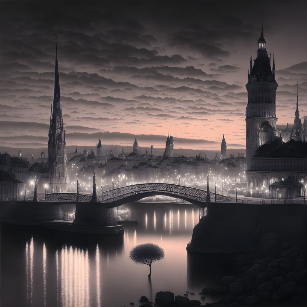 Twilight monochromatic cityscape with bridge, river, tree, and cloudy sky