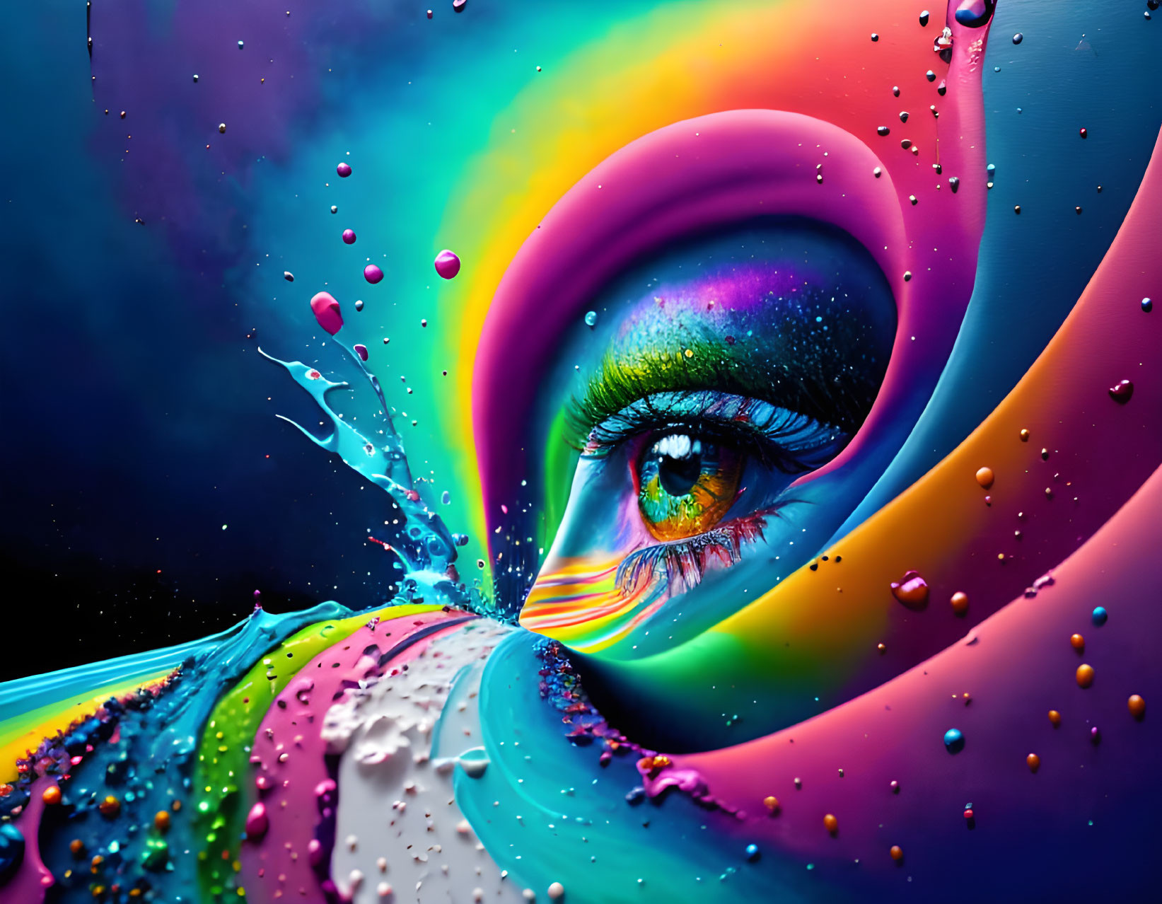 Colorful digital artwork: Hyper-realistic eye with flowing shapes