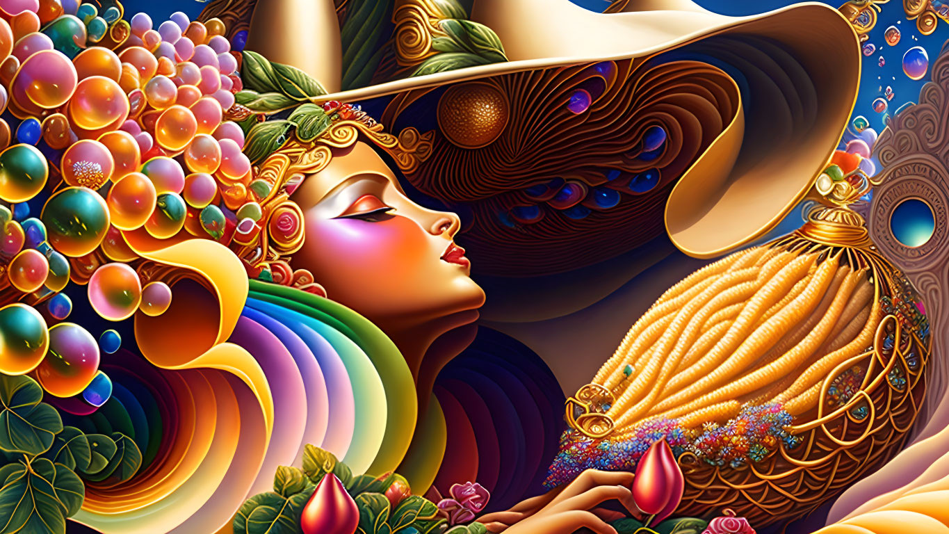 Colorful Artwork: Stylized Woman with Ornate Jewelry Amid Fruits, Flowers, and